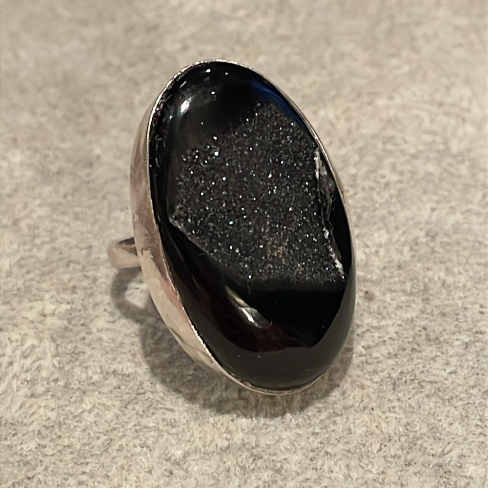 Chunky Black Agate Druzy Geode Ring Sterling Silv… - image 6